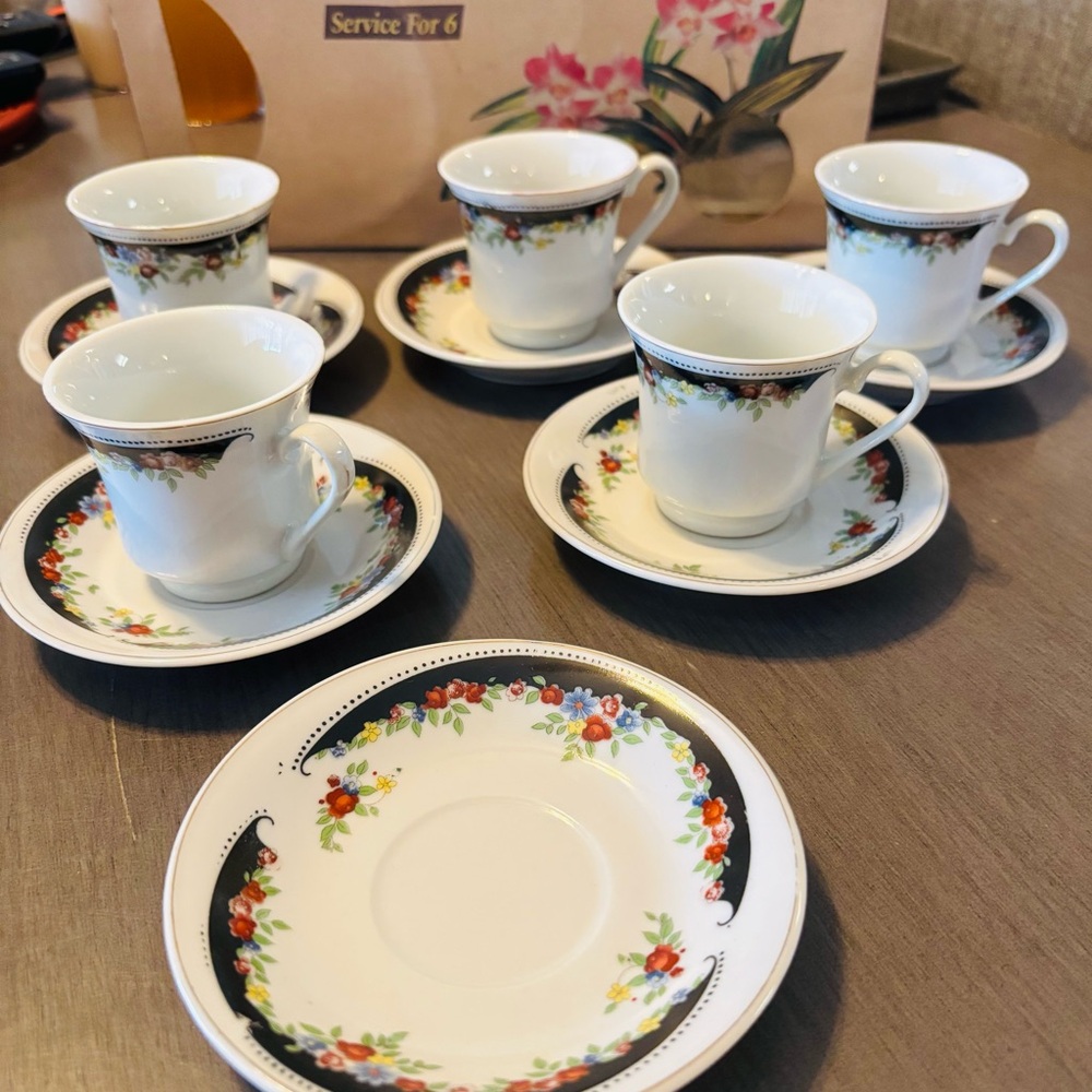 Fine China Gold Rim Black Floral Tea Cup And Saucer.